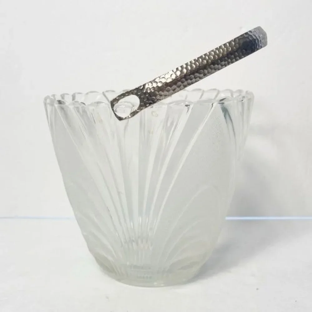Vintage Nouveau Clear Brockway Glass Ice Bucket Stipled Loops and Metal Handle